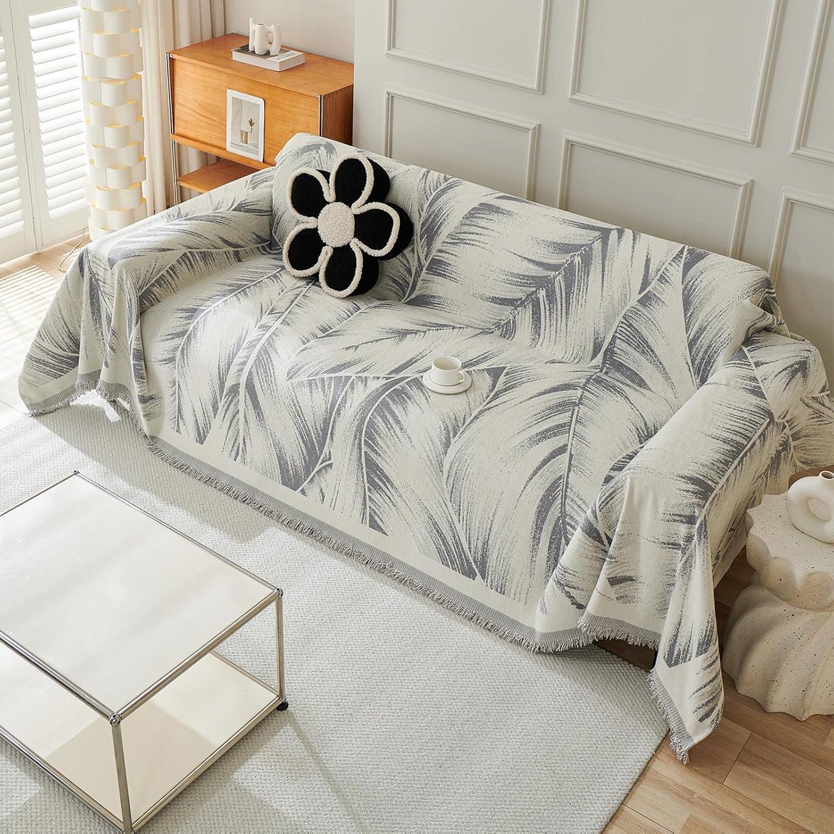 Omkeerbare Chenille Banksprei met Botanisch Patroon en Kwastjes - Beschermhoes voor Bank en Sofa