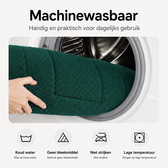 Donkergroene badmat wordt in een wasmachine geplaatst. Machine wasbaar op lage temperatuur, geen bleekmiddel.