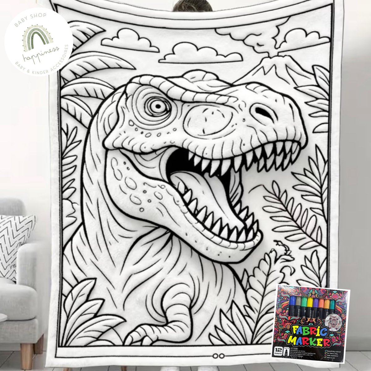 Fleece deken Dino - DIY Kleurdeken Dino - Deken om zelf in te kleuren - met textiel stiften - kinderdeken - cadeau tip