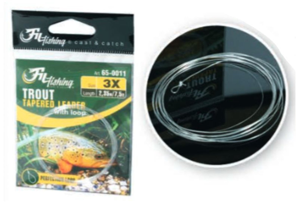 Fil FLY Trout Tapered Leader w/ Loop size 2X - 2,35m - 0,229mm - Vliegvissen Leader voor o.a. Forel - Vliegvis Onderlijn