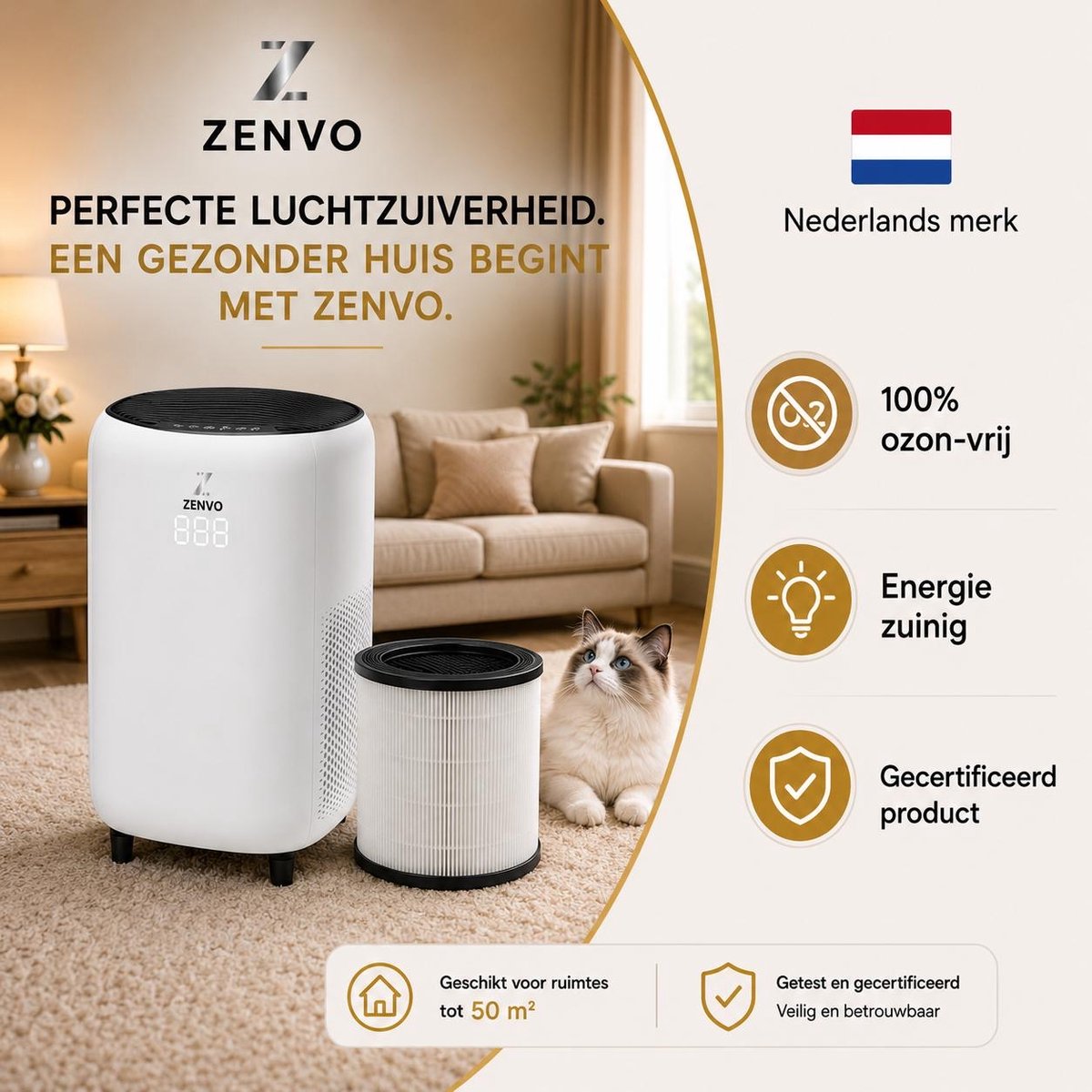 Zenvo Luchtreiniger- 360 m3/u - Werkt tegen huisstofmijt, hooikoorts, allergie, stof - Met HEPA 13 Filter - Air Purifier - Clean Air thumbnail 8