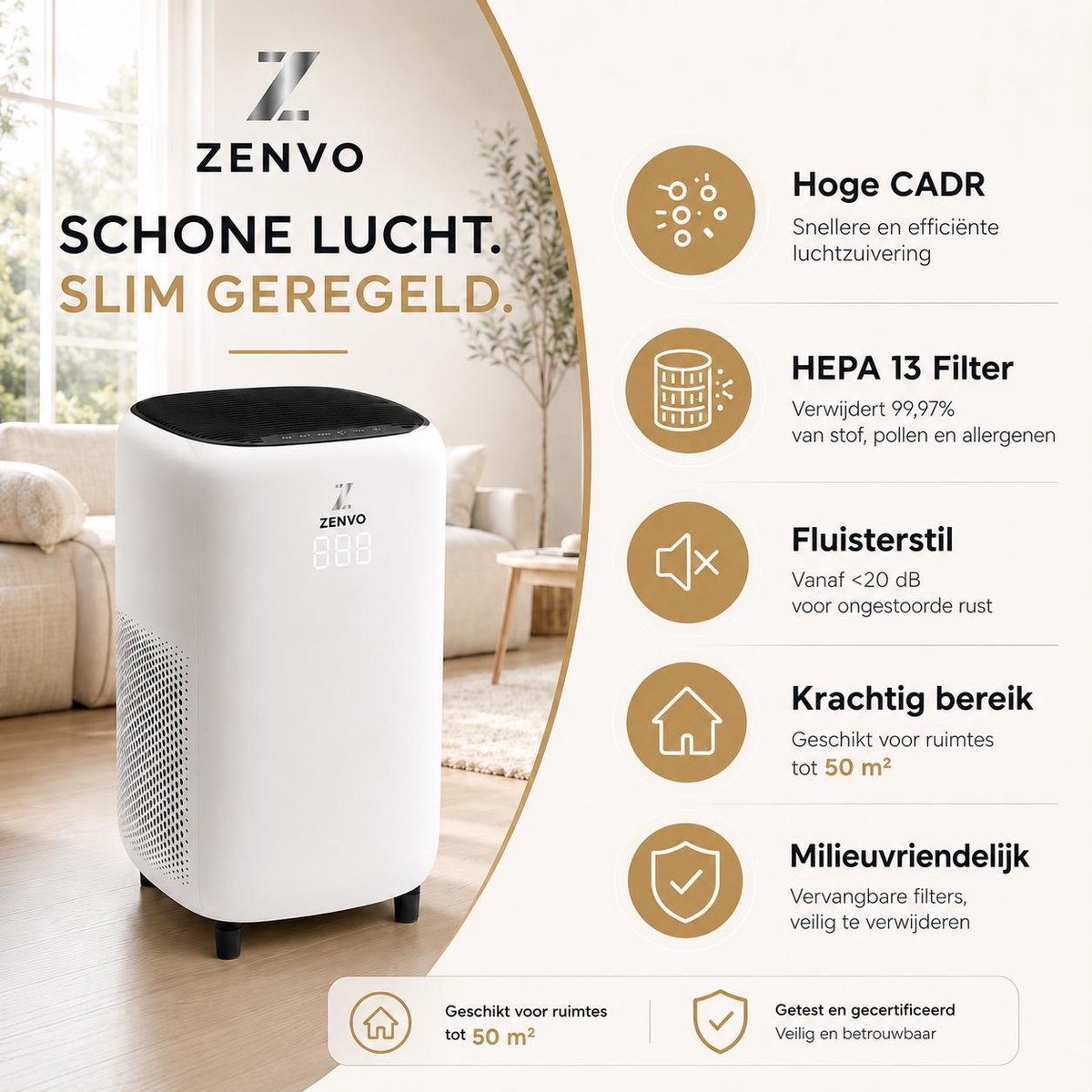 Zenvo Luchtreiniger- 360 m3/u - Werkt tegen huisstofmijt, hooikoorts, allergie, stof - Met HEPA 13 Filter - Air Purifier - Clean Air thumbnail 3