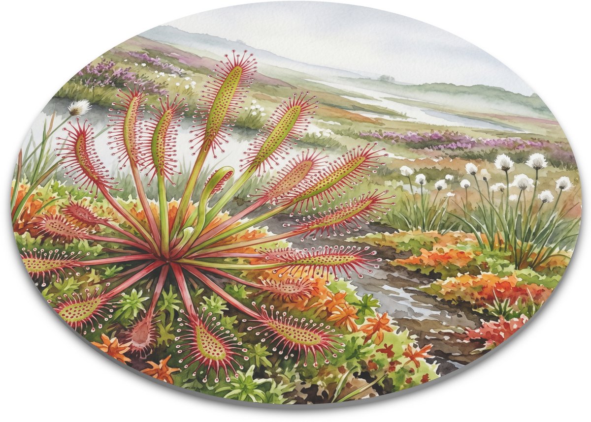 Ronde muismat met lange zonnedauw, Drosera anglica, aquarel van Nederlands moerasland met vleesetende plant, veen, bloemen en botanische natuurstijl