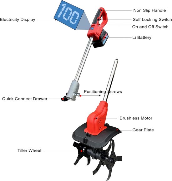 Draadloze Tuinfrees - Elektrische Cultivator - Bodem Voorbereiden - Digitaal Batterij Display - 9.5 Inch Werkbreedte - Zwart — afbeelding 3