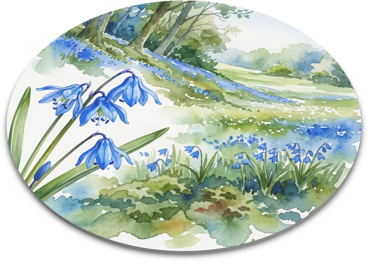 Ronde Muismat - Oosterse Sterhyacint Scilla siberica - Aquarel Nederlands Lente Landschap - Botanische Bureau Decoratie