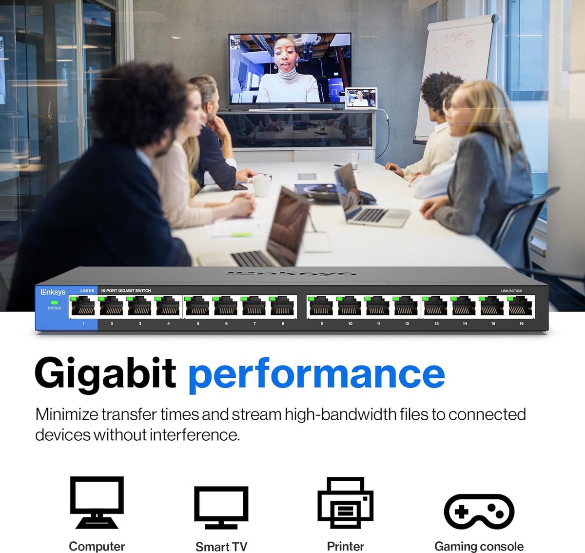 Linksys LGS105 Business 5-Port Desktop Gigabit Ethernet Network Unmanaged Switch I Metal Housing, Black/Blue
