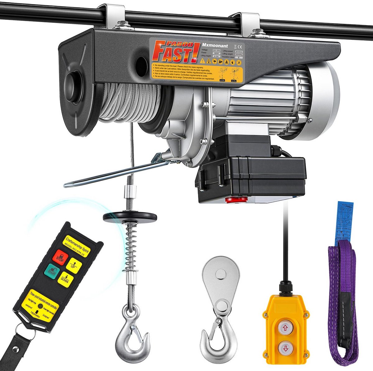 Mxmoonant Electric hoist, 200/400 kg, fast type 10/20 m/min, lifting height 6/12 m, wireless and wired operation, 1600 W