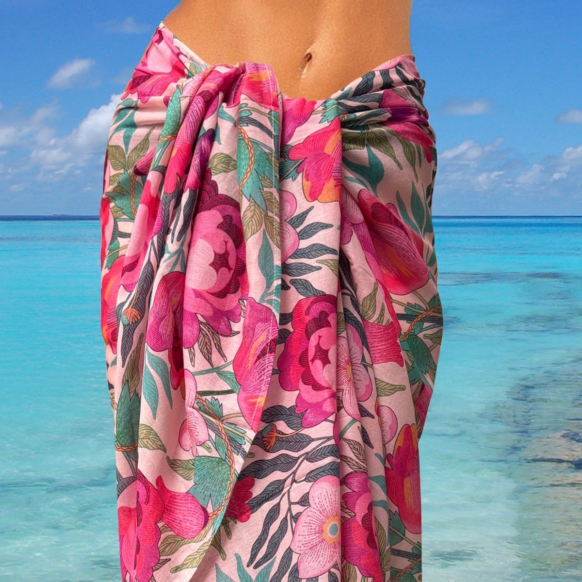 Happy Pareo Peonia Pink - sarong omslagdoek met roze bloemenprint