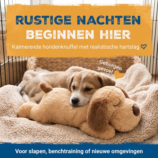Puppy ligt te slapen op een beige hondenkussen. Tekst: 'Rustige nachten beginnen hier'.