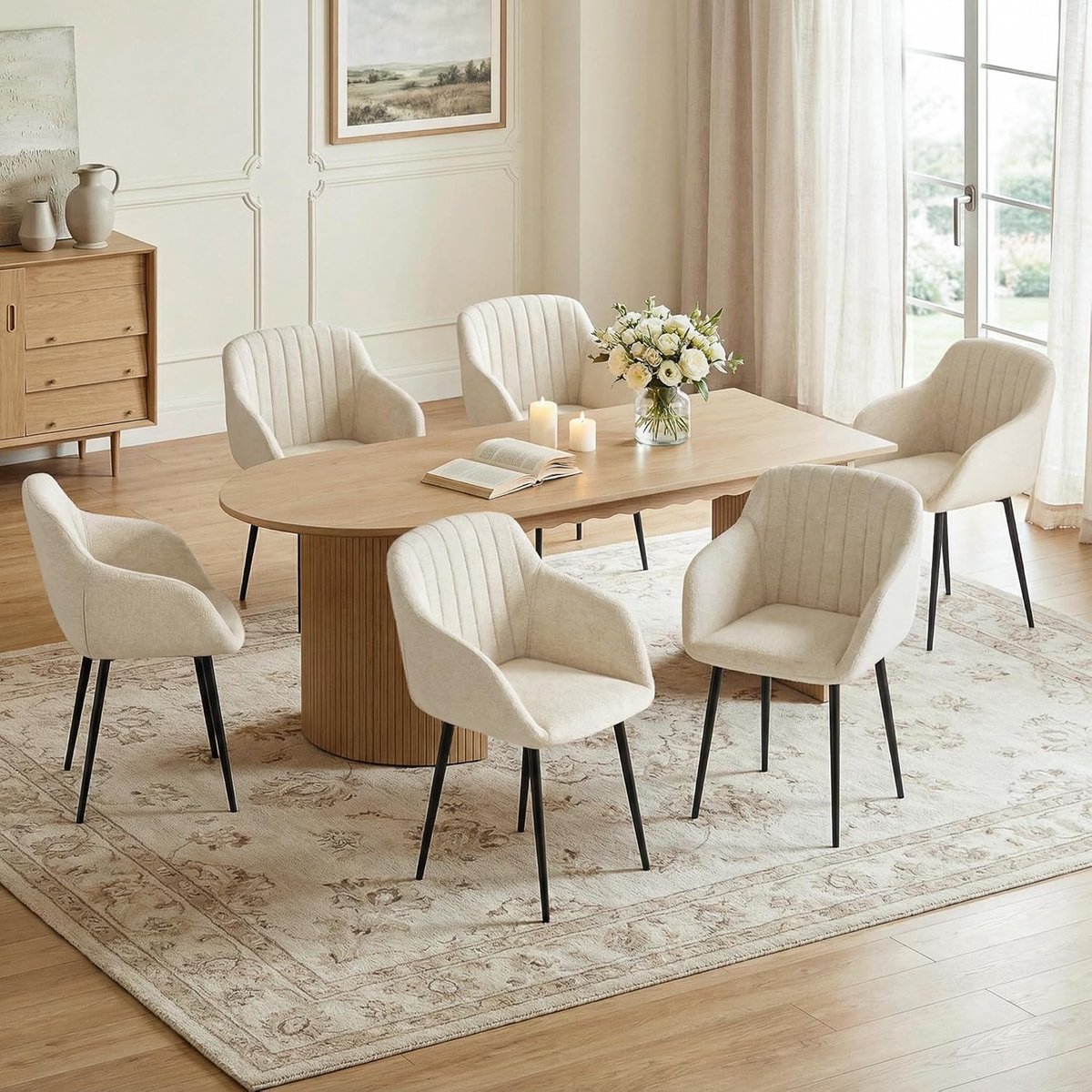 Eetkamerstoelen Set van 4 met Armleuningen 61 x 57 x 82 cm – Chenille Gestoffeerde Stoelen met Ergonomische Rugleuning, Metalen Frame, Scandinavisch Design, Keukenstoel voor Eetkamer en Woonkamer – Crèmewit – Mobili Bella