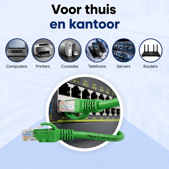 Groene NexCable CAT6 UTP kabel aangesloten op een switch. Achtergrond toont apparaten: computers, printers, consoles, telefoons, servers, routers.