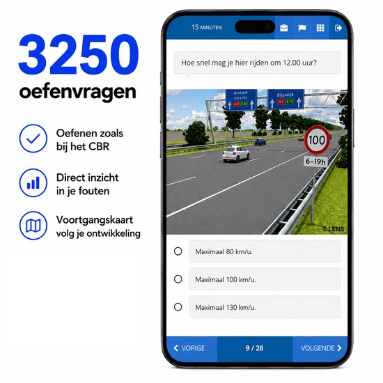Mobiele app met een verkeersvraag "Hoe snel mag je rijden om 12.00 uur?" op een snelweg.