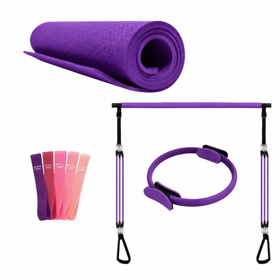 Pilates Complete Set Paars – 8 mm TPE Yogamat – Pilates Ring – Pilates Bar – 5 Weerstandsbanden – Latexvrij – Fitness Set