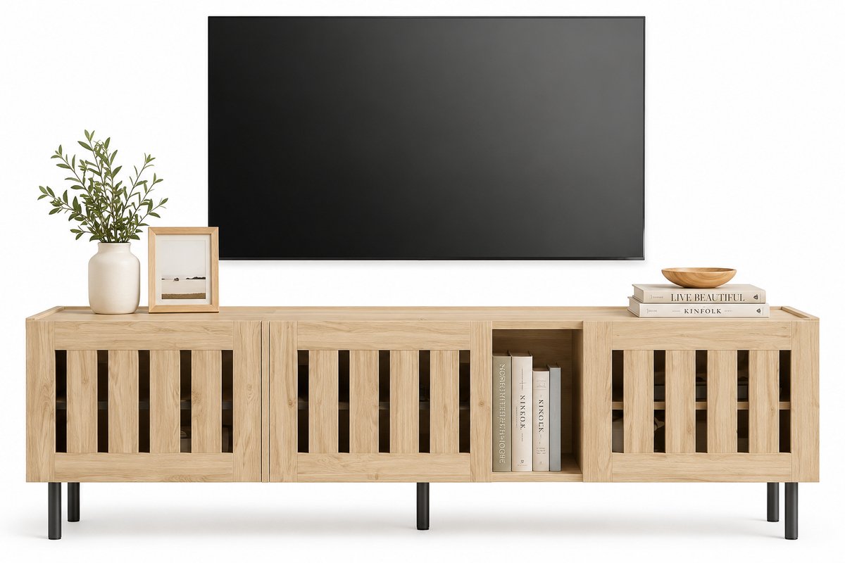 CINK Home® TV-Meubel 160x40x47 cm – TV Kast tot 65 Inch – Houten TV Dressoir met 3 Latten Deuren – Opbergkast met Kabelbeheer – Scandinavisch Design – Naturel Hout