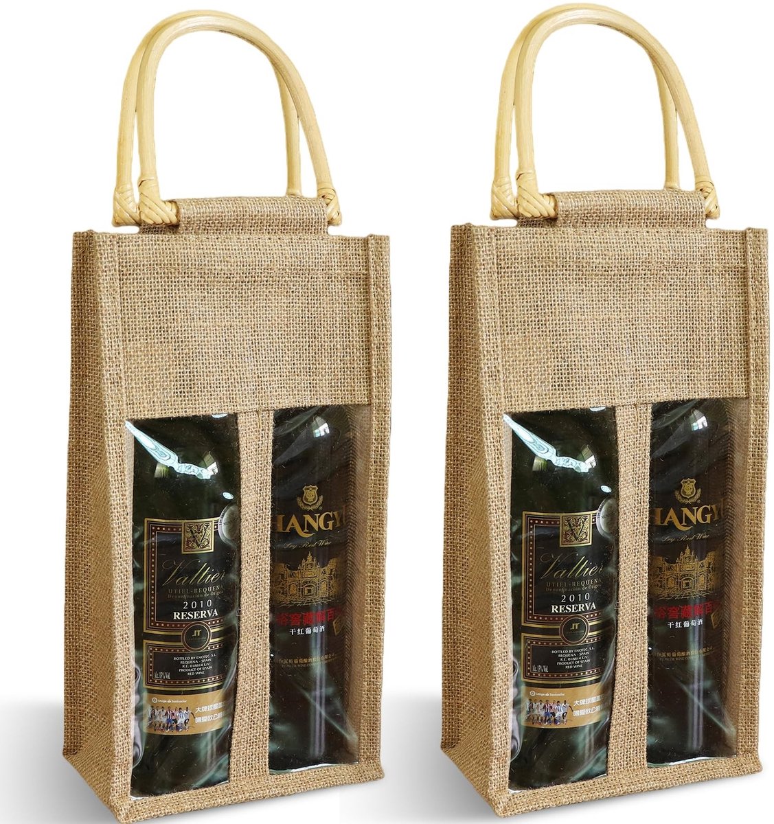NTH products- Wijnfleszak 2 stuks - Dubbele Wijntas met Venster - Herbruikbare Jute Wijnzak - Cadeautas voor Bruiloft/Verjaardag - Handvat voor Gemakkelijk Transport