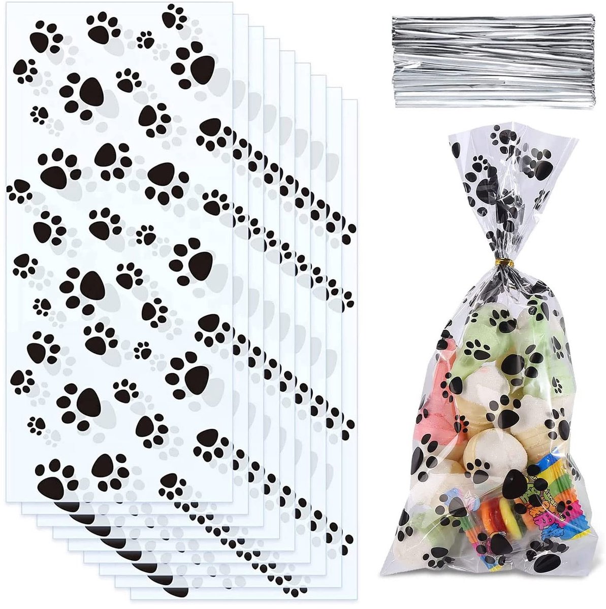 MTTproducts- Snoepzakken 100 stuks - Cellofaanzakken met pootafdrukken - Verjaardagsfeest - Smaakneutraal - 12,5 cm x 27,5 cm - Geschikt voor snoep en koekjes - Traktatietassen