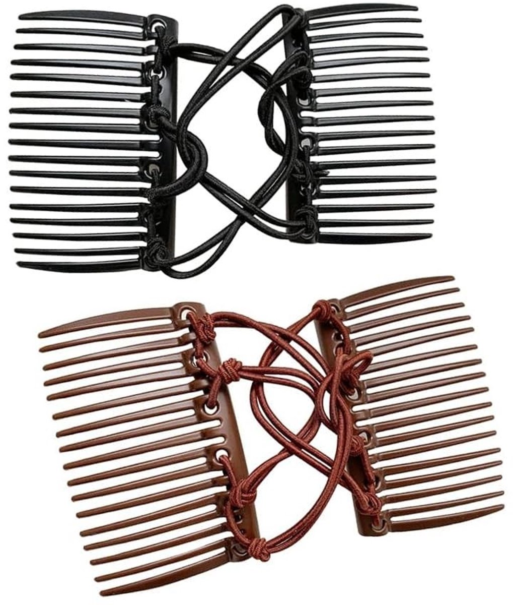 MTTproducts- Haar Kam Dubbel - Verstelbare Elastische Kam - Sterke Grip - Geschikt voor Krullend/Dik Haar - Voor Yoga/Hardlopen - Klassiek Zwart/Darkbruin - Haarclip