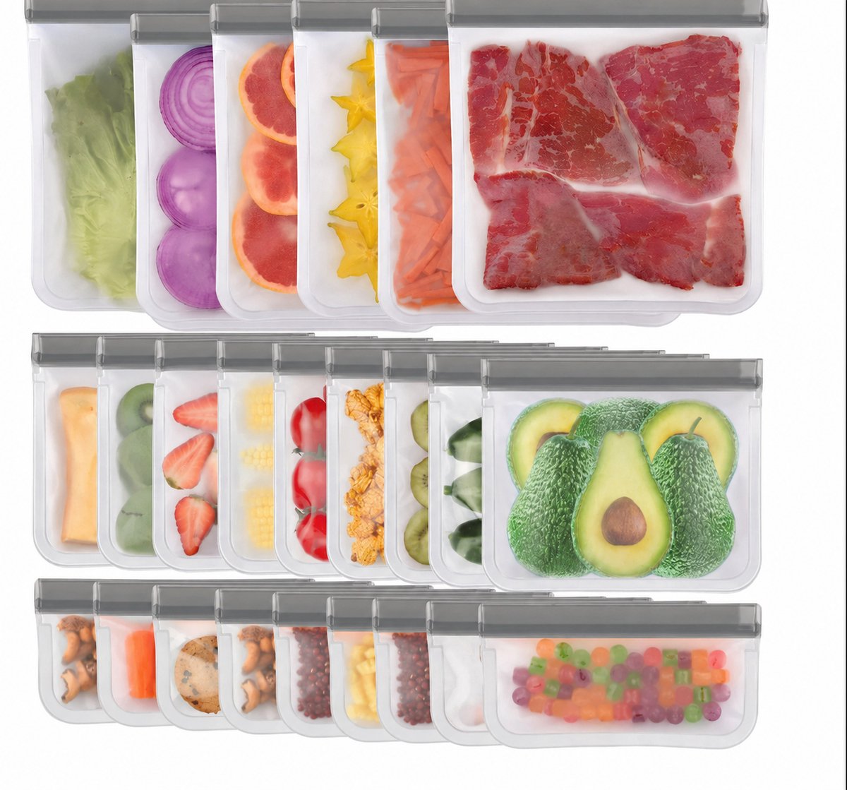 Herbruikbare Vershoudzakjes Set van 24 Stuks - Lekvrije Diepvrieszakken met Dubbele Ritssluiting - BPA-vrij PEVA Bewaarzakjes voor Snacks, Fruit en Marineren - Transparant