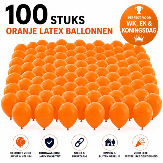 100 oranje latex ballonnen, geschikt voor lucht en helium, perfect voor WK, EK en Koningsdag.