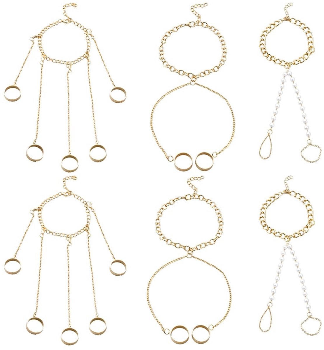 Cosensi- Handkettingsbanden Set van 6 - Verstelbare Vingerringen - Armbanden - Parelkettingen - Gouden/Ijzeren Combinatie - Duurzaam Materiaal