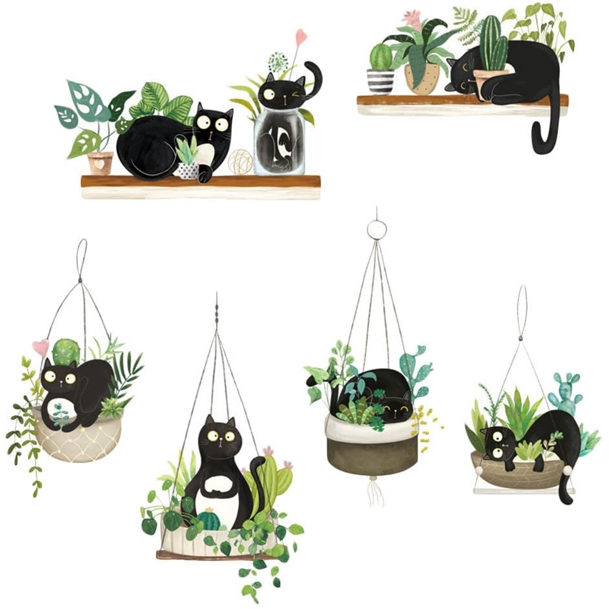 Cosensi- Muursticker Kat met Plantenpatroon - Muurstickers Kinderkamer - Wanddecoratie PVC - Decoratie Kinderen - 90x30 cm - Creatieve Wanddecoratie