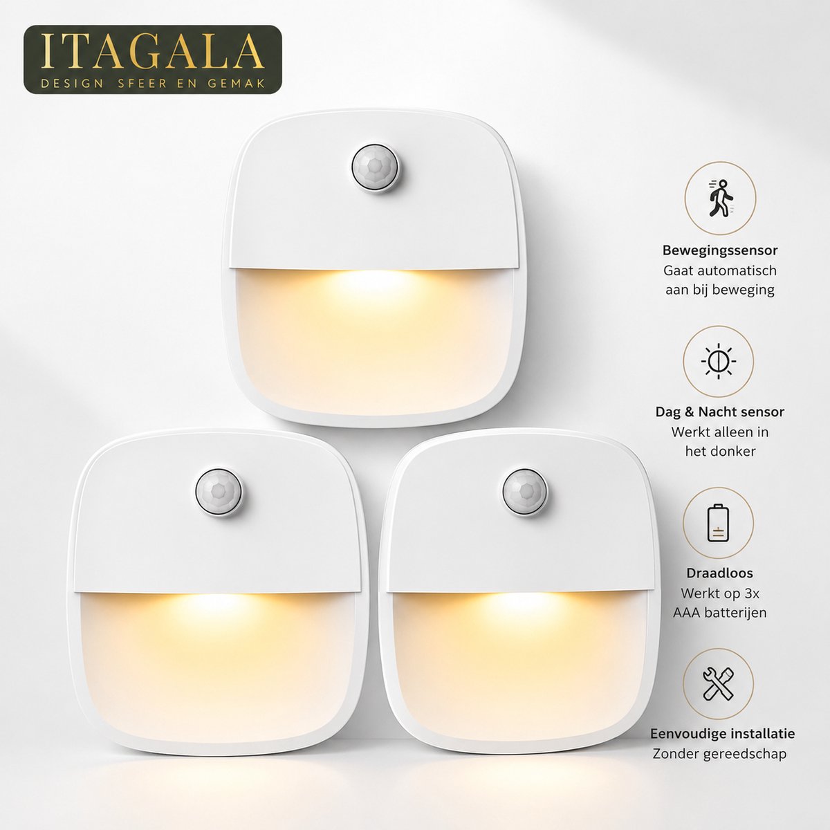 ITAGALA® Nachtlampje met bewegingssensor - 3 stuks - voor o.a. Slaapkamer, Overloop, Garage - Dag en Nacht Sensor - LED Kastverlichting en Trapverlichting met Sensor - Draadloos op Batterij