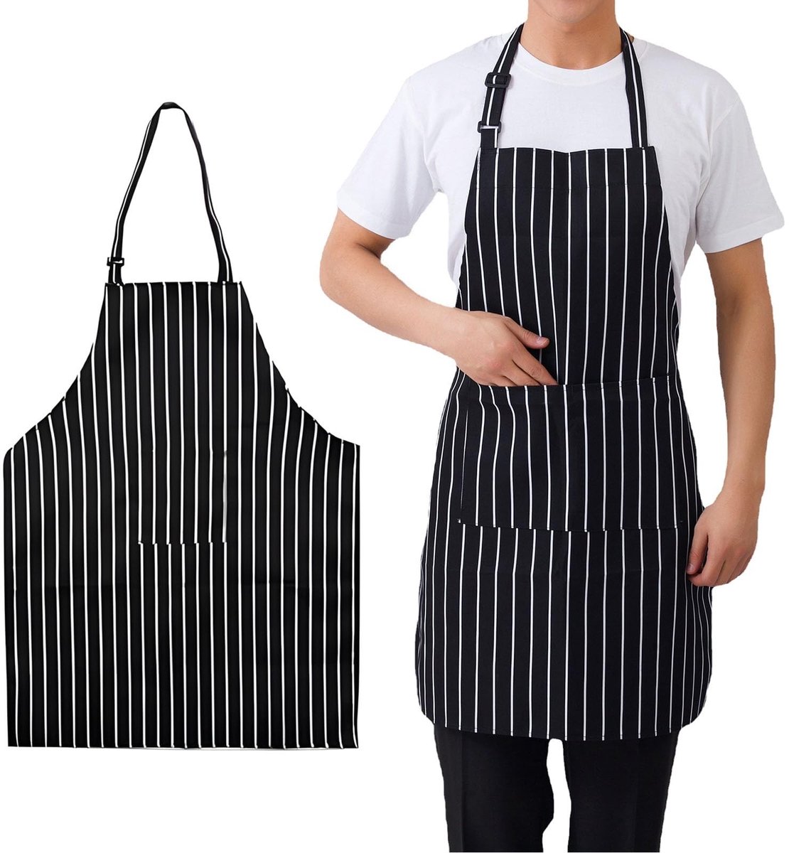 Cosensi- Keukenschort 2 Stuks - Verstelbaar - Zwart-wit Gestreept - Duurzaam Polyester - Met Zak - Geschikt voor Koks - Koksenschort