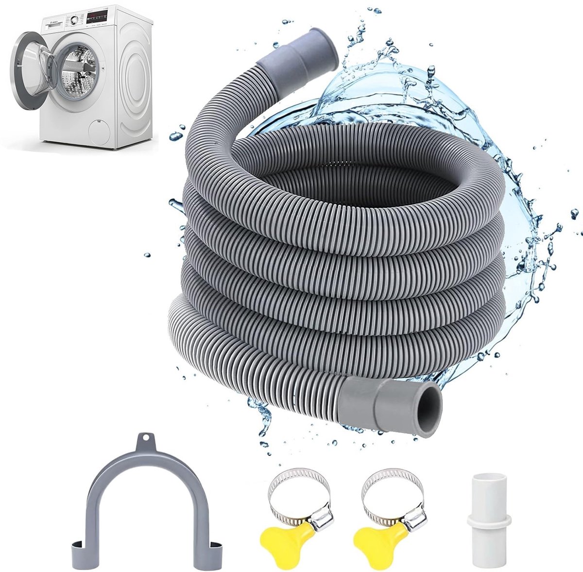 Cosensi- Afvoerslang 2M - Verlengset - Inclusief beugel/slangverbinder/slangklemmen - Geschikt voor wasmachine/vaatwasser/droger - Polypropyleen - Waterdicht - Afvoerbuis