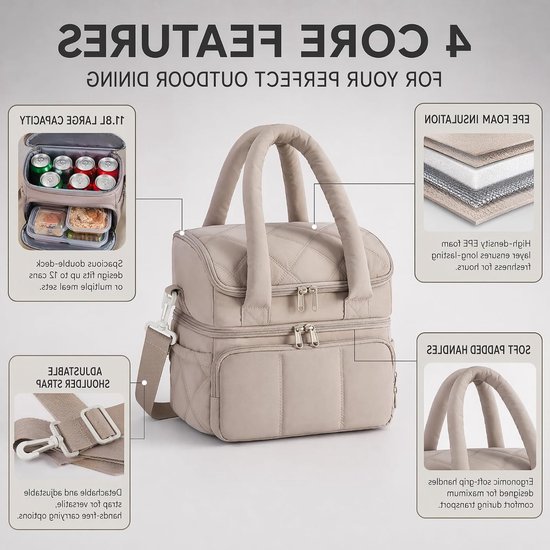 Koeltassen - Lunchtas - Koeltas - Dubbele Laag - Voor Werk Picknick Reizen - Geïsoleerde Lunchtas - Picknicktas - Camel — afbeelding 2