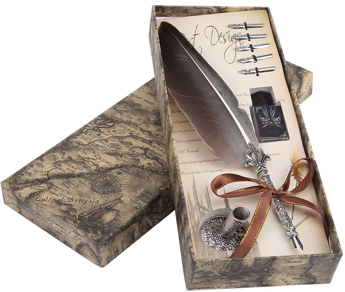 Cosensi- Kalligrafiepen met 5 veren - Vintage Veerstiftset - Hoogwaardige Legering - Cadeauset voor Beginners - Elegant Retro Design - Schrijfpen