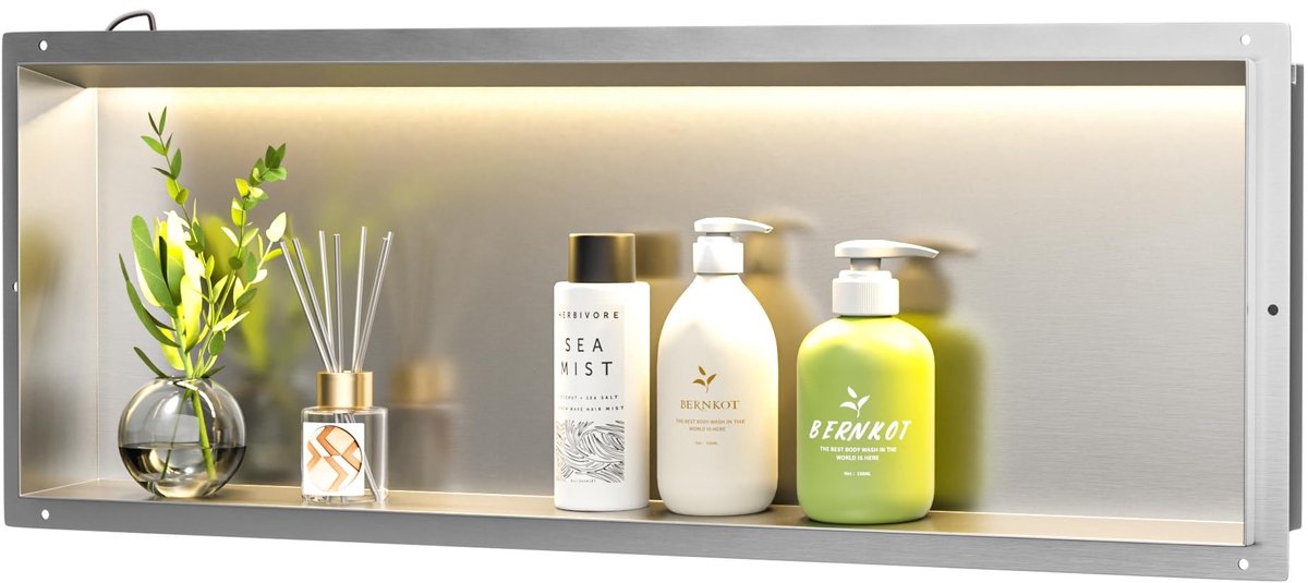 Cosensi - Wandnis douche - Roestvrij staal - Waterdicht met LED-licht - 90 x 30 cm - Ingebouwde opslag - Geschikt voor doucheruimte - Geborsteld de...