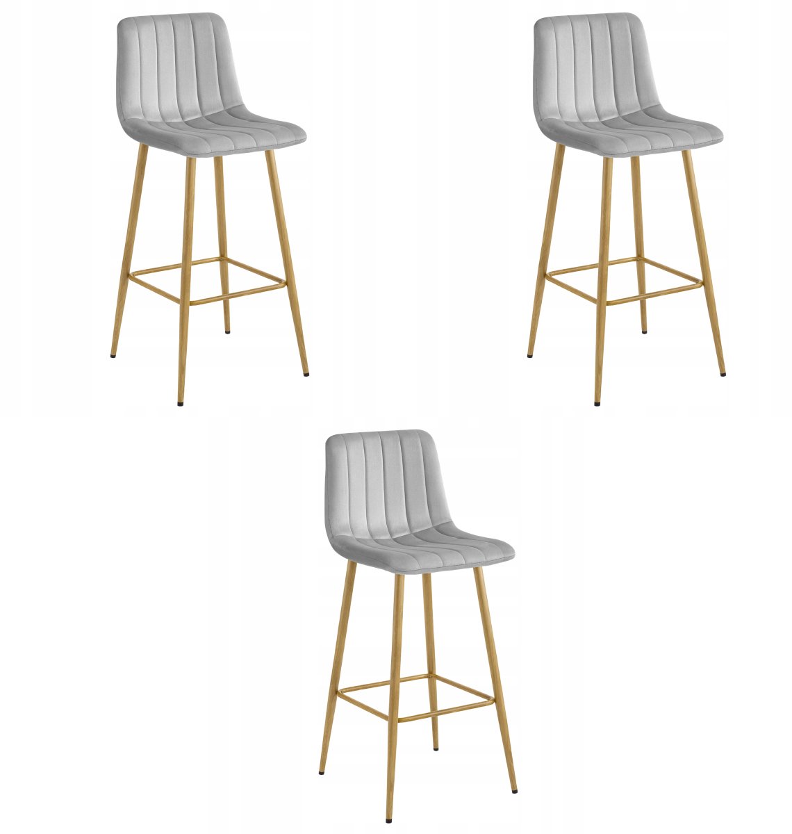 LEOBERT Set van 3 Barkrukken POZZA - Lichtgrijs Fluweel - Eikenlook Metalen Poten - Moderne Barkruk met Rugleuning