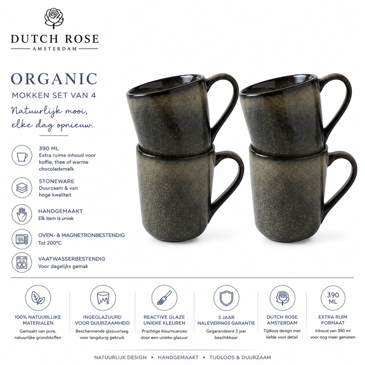 Dutch Rose Organic Mokken set van 4 - Groen - 39 cl.