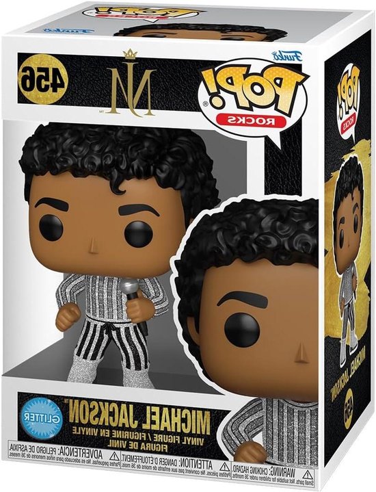 Doos met Michael Jackson Funko Pop. Bevat figuren en tekst in het Engels, waaronder 'Michael Jackson'.