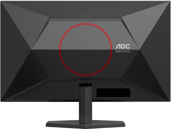 Achterkant van een zwarte AOC gaming monitor met rood cirkeldetail en logo.