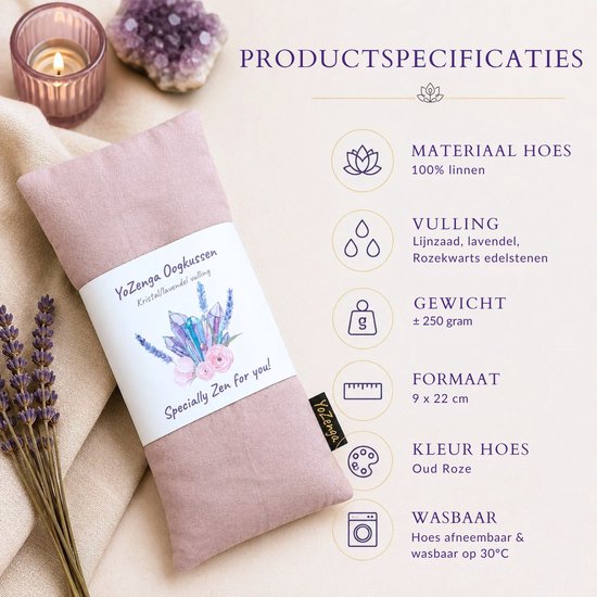YoZenga oogkussen met Rozekwarts, lijnzaad & biologische lavendel - kristallen/edelstenen - Kleur: lightcoral - Yoga - Meditatie - Ontspanning - Ideaal bij hoofdpijn & stress klachten van YoZenga — afbeelding 4