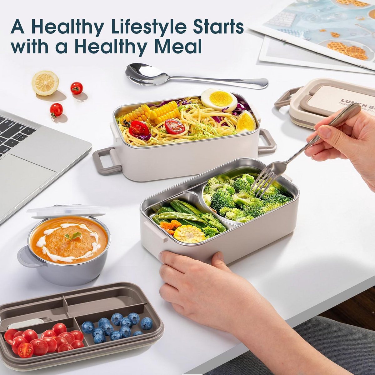Deze dubbelwandige lunchbox van roestvrij staal met een inhoud van 2 liter is geïsoleerd en lekvrij, en wordt geleverd met bestek en een soepkom. Hij is geschikt voor gebruik op het werk, op school en tijdens buitenactiviteiten. — cadeau in Koken & Dineren - foto 4