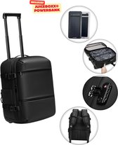 Zwarte rugzak trolley met uitklapbare schouderbanden, TSA-slot en zonnepaneel powerbank.