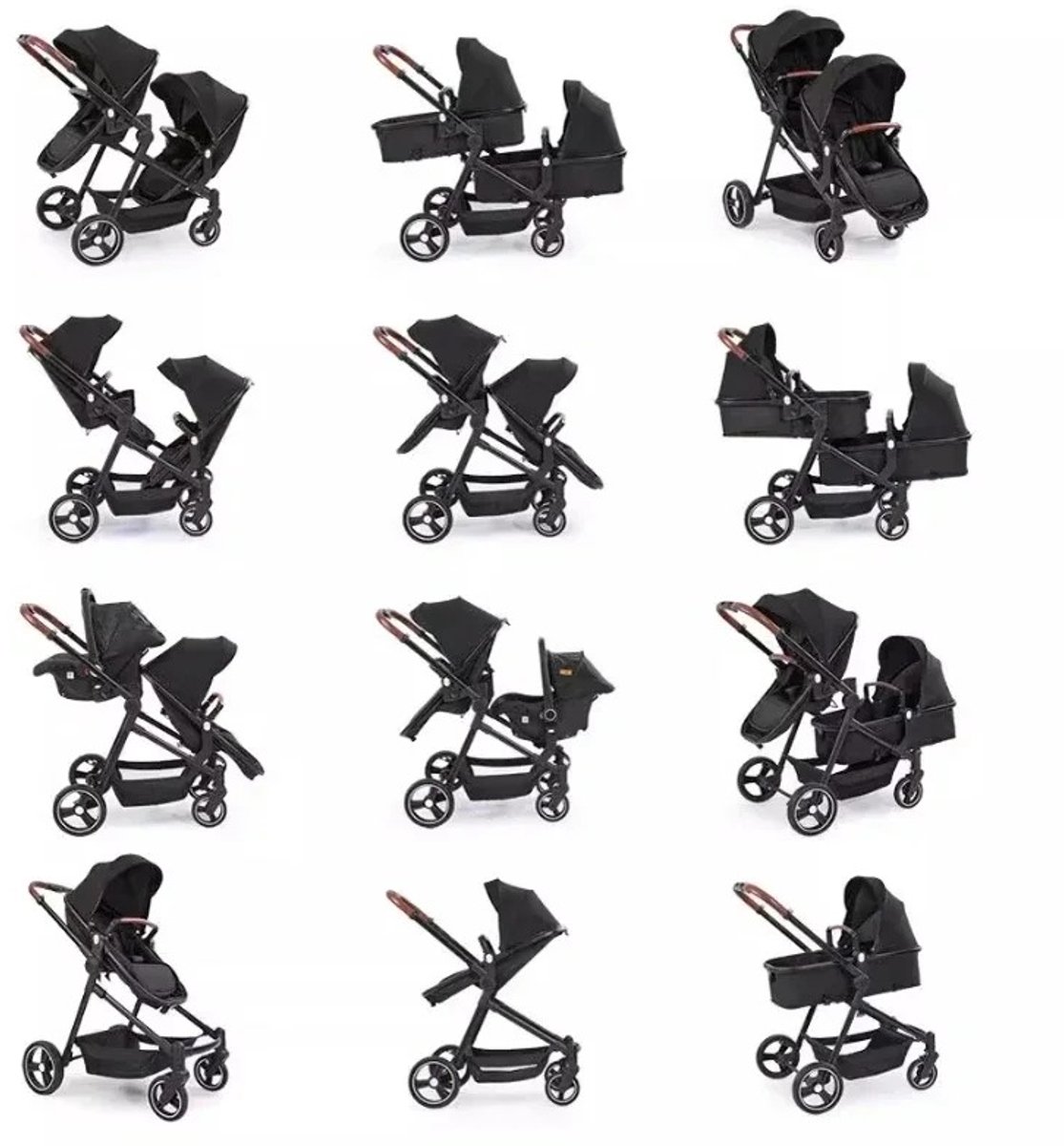 Velmio Tweeling buggy - Duo kinderwagen - Dubbele kinderwagen - Incl. 2 Omvormbare Zitjes & Reiswiegjes - Schokabsorberend - Duo Buggy - Verstelbaar - Zwart — cadeau in Cadeau-ideeën - foto 4