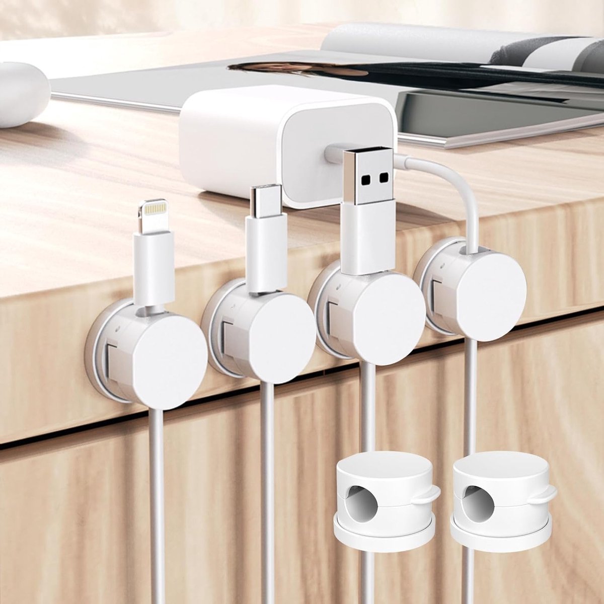 Magnetische Kabelhouder met Draaibare Basis, Kabelbeheer met Magnetische Sluiting, USB Oplader Organiser (Wit, 6 Stuks)