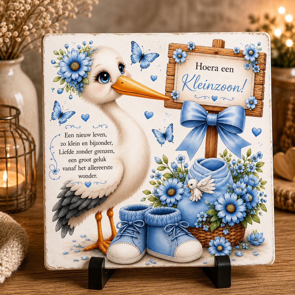 Geboortetegeltje Kleinzoon – Ooievaar met Babyschoentjes | Lief Cadeau voor Oma & Opa | Keramische Tegel 15x15 cm