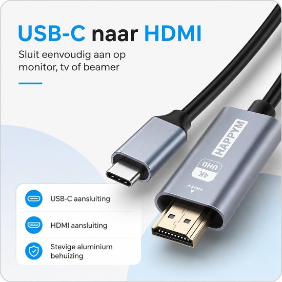 Details van de HappyM USB-C naar HDMI-kabel: de USB-C en HDMI connectoren en de aluminium behuizing.