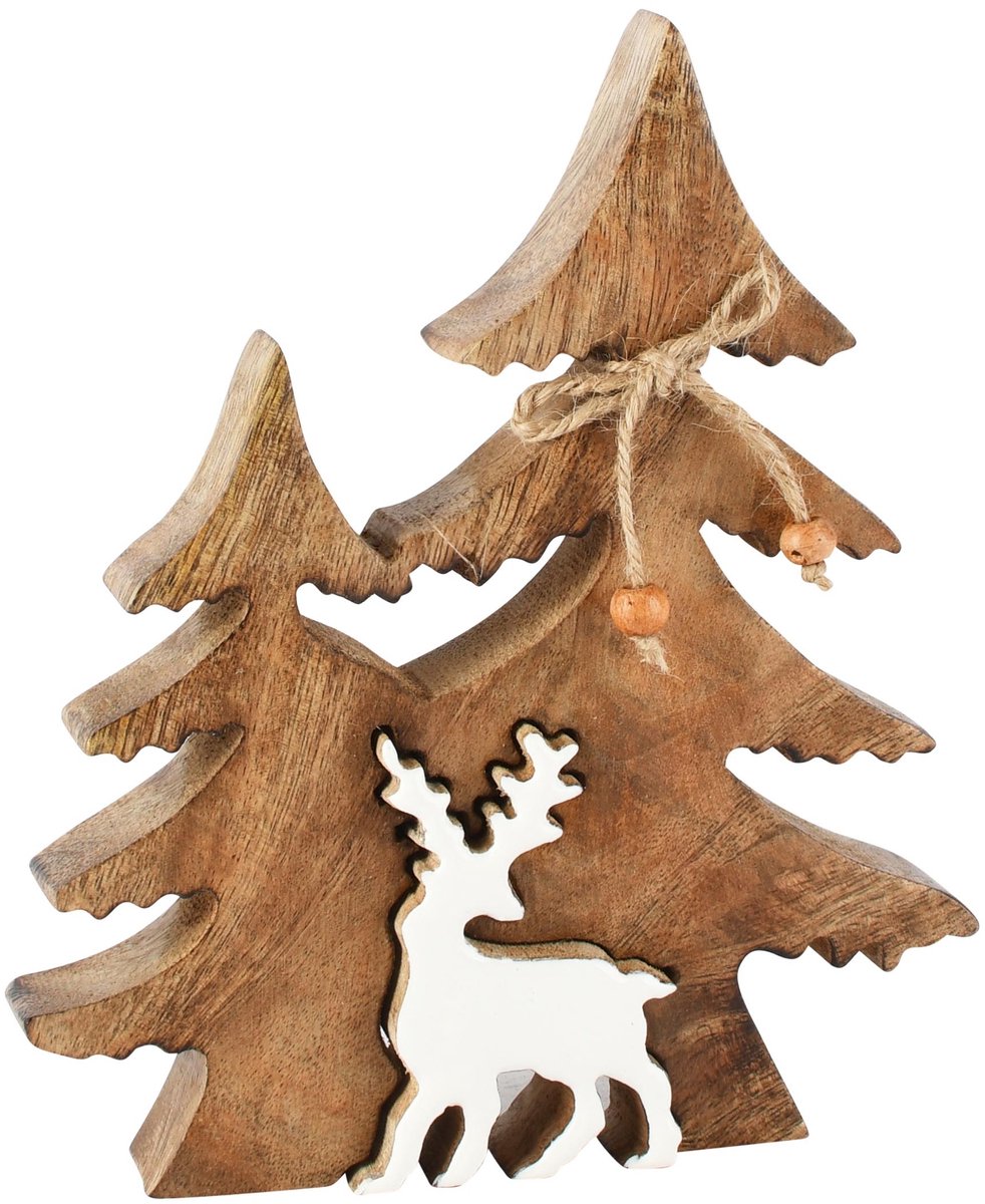 Dekoratief | Deco boom m/rendier puzzel, naturel/wit, hout/enamel, 16x3x20cm | A268219
