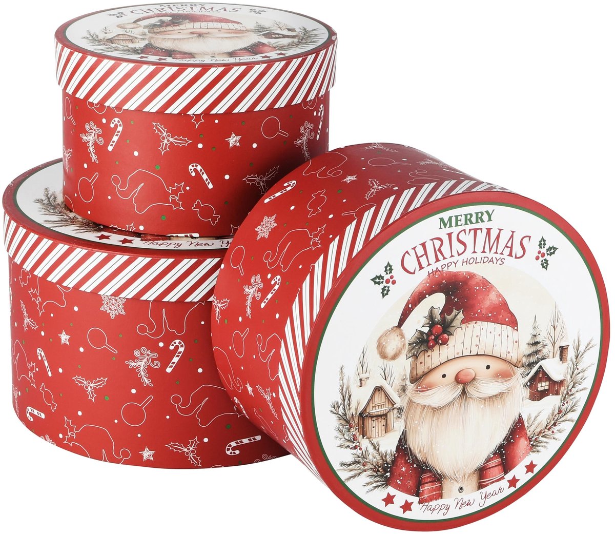 Dekoratief | Set 3 dozen rond 'Santa on Tour', rood, karton, 21x21x12cm | A265662