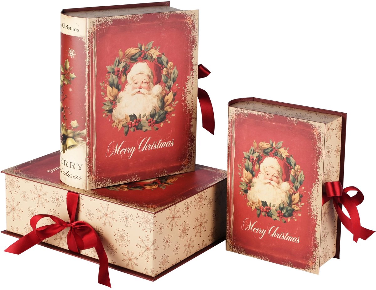 Dekoratief | Set 3 boekdozen 'Santa in Wreath', rood, karton, 28x23x10cm | A265666