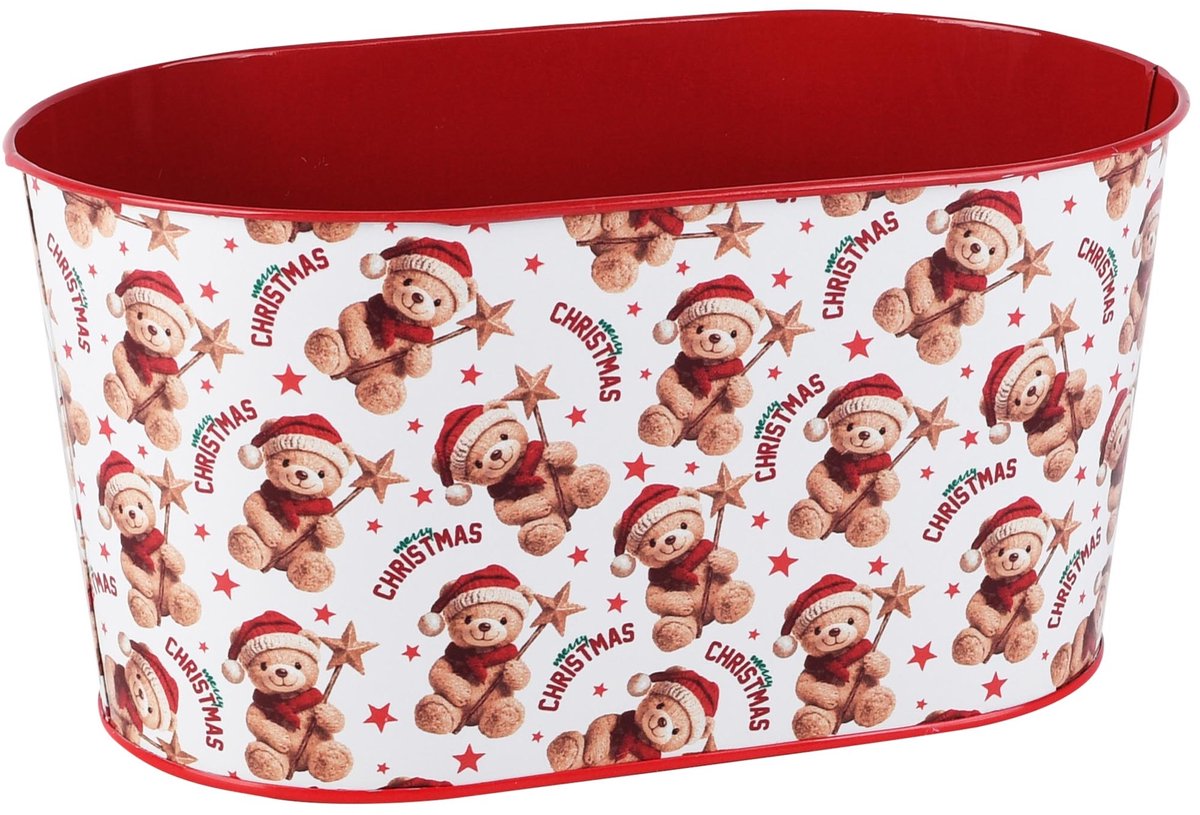 Dekoratief | Bloempot ovaal 'Festive Teddy', metaal, 23x14x11cm | A265614