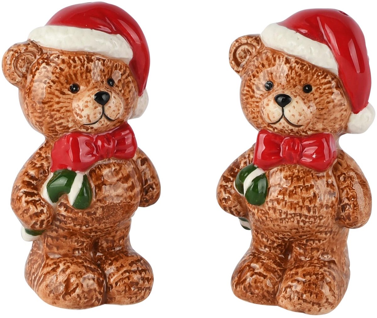 Dekoratief | Duo peper/zout beertje, bruin/rood, keramiek, 5x4x9cm | A265789