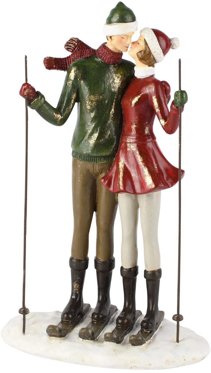 Dekoratief | Koppel staand op ski's, rood/groen, resina, 17x10x27cm | A265850