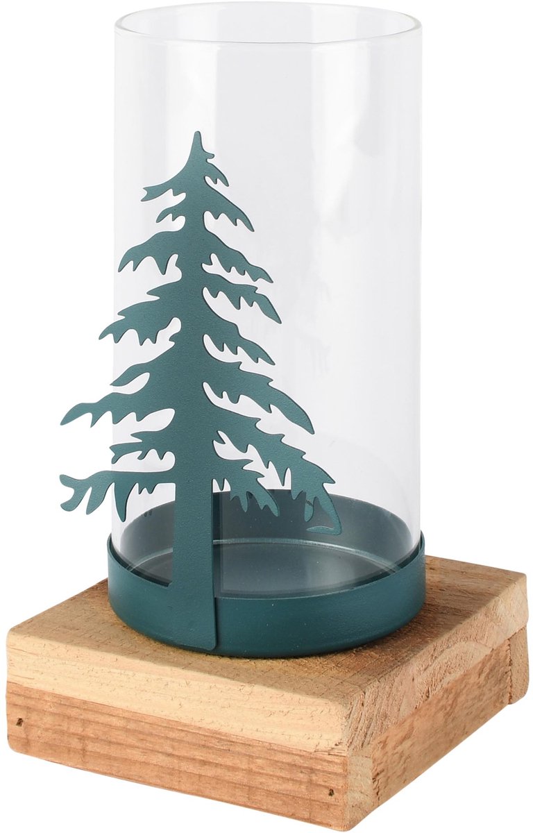 dekoratief Theelichthouder m/boom op voet, petrol, metaal/hout/glas, 10x10x18cm | A265490 groen
