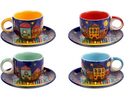 Set of 4 Espresso Cups with Saucer, Mug Catasse, Coaster, Saucers, Coffee Mug, Tea Cup, Crockery Set, Ceramic, Painted, Colourful Village Design